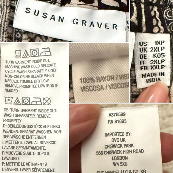 Susan Graver Boho Print Lounge Pants Size 1XP Black White Elastic Waist Joggers - Picture 5 of 12